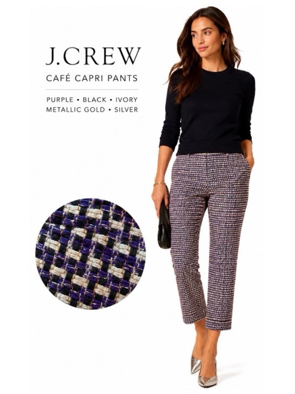J. Crew Tweed Café Capri Pants in Purple, Black & Ivory with Metallic Threads
